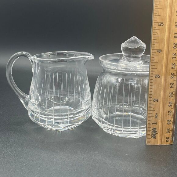 Vintage Crystal Clear Glass Cream and Sugar Faceted Lined Set 3 pc Set - Picture 8 of 10